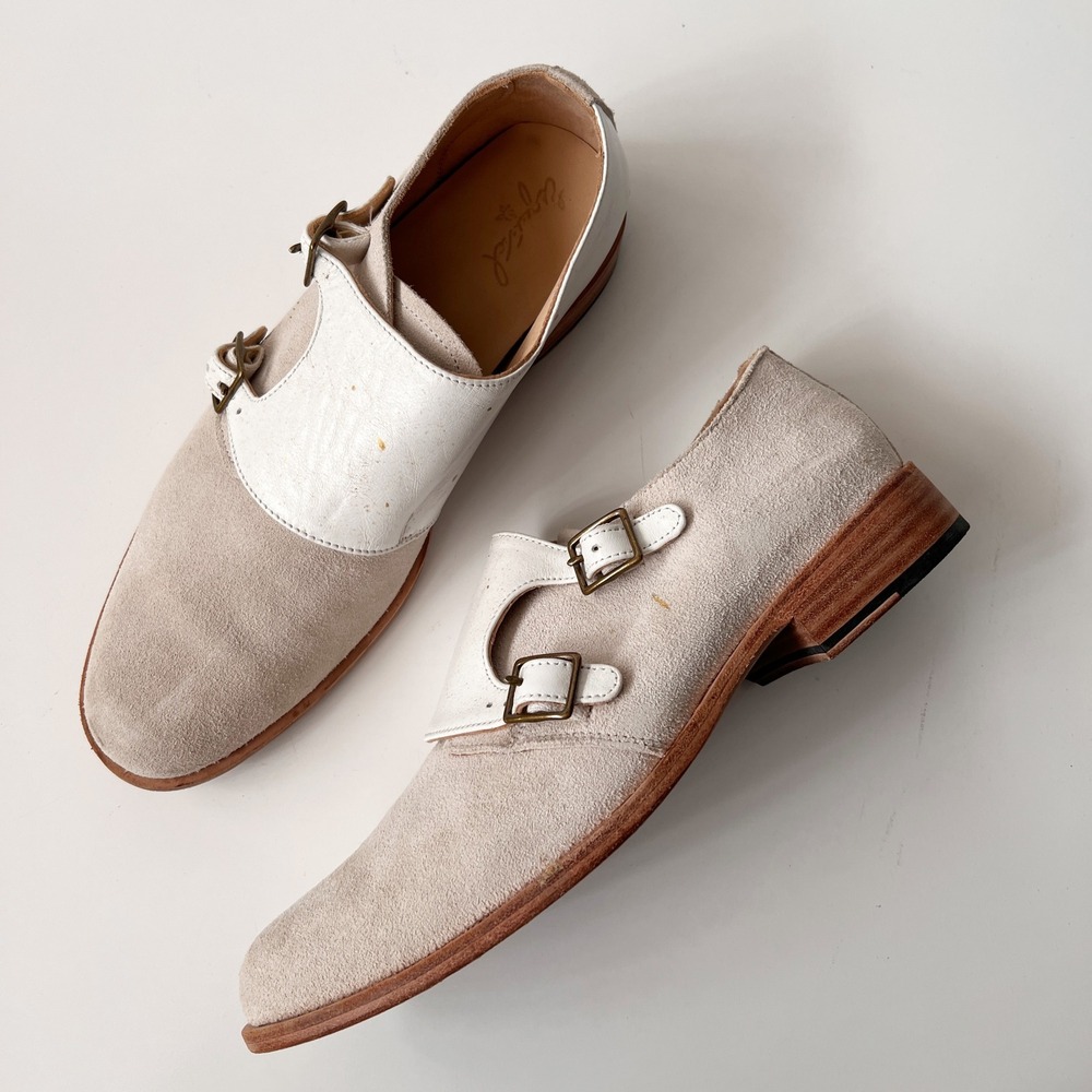 Esquivel Double Monk Strap Loafers 10 Beige White Suede Leather Handmade Shoes